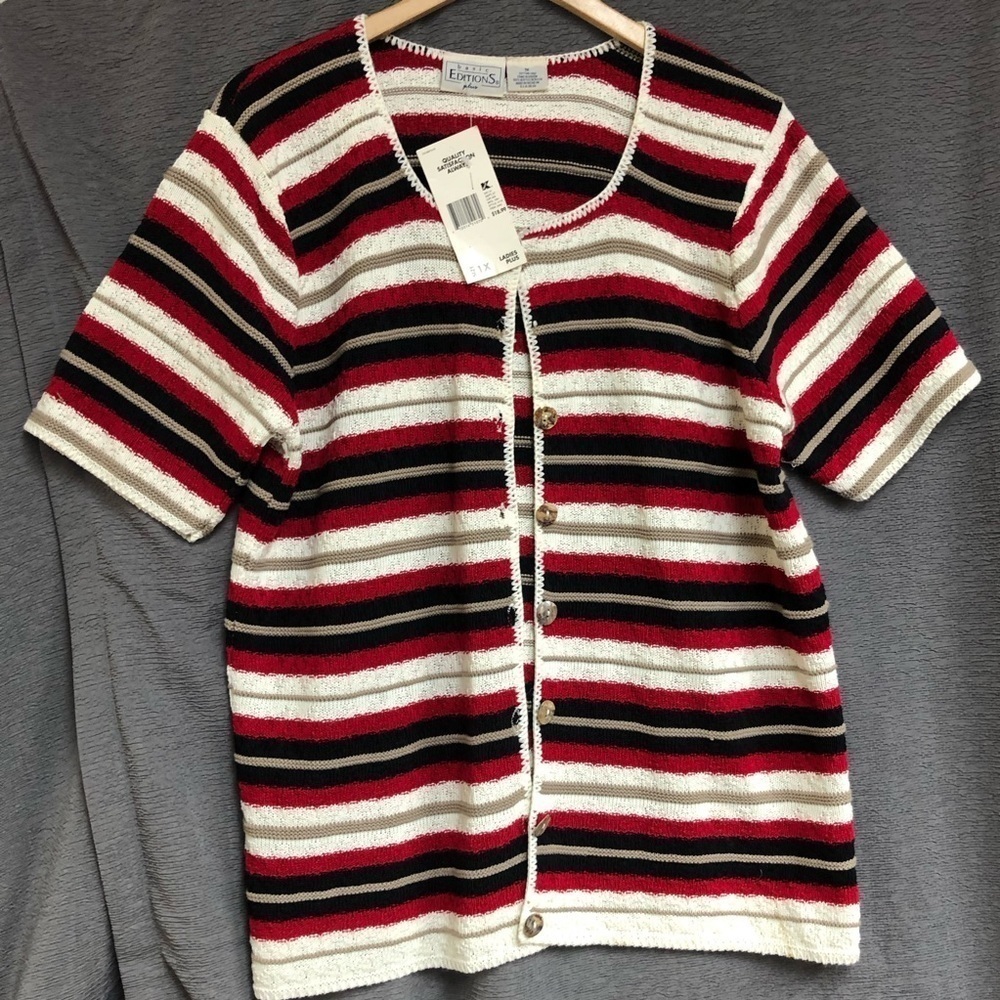 Basic editions plus 1x short sleeve sweater, red black tan cream,